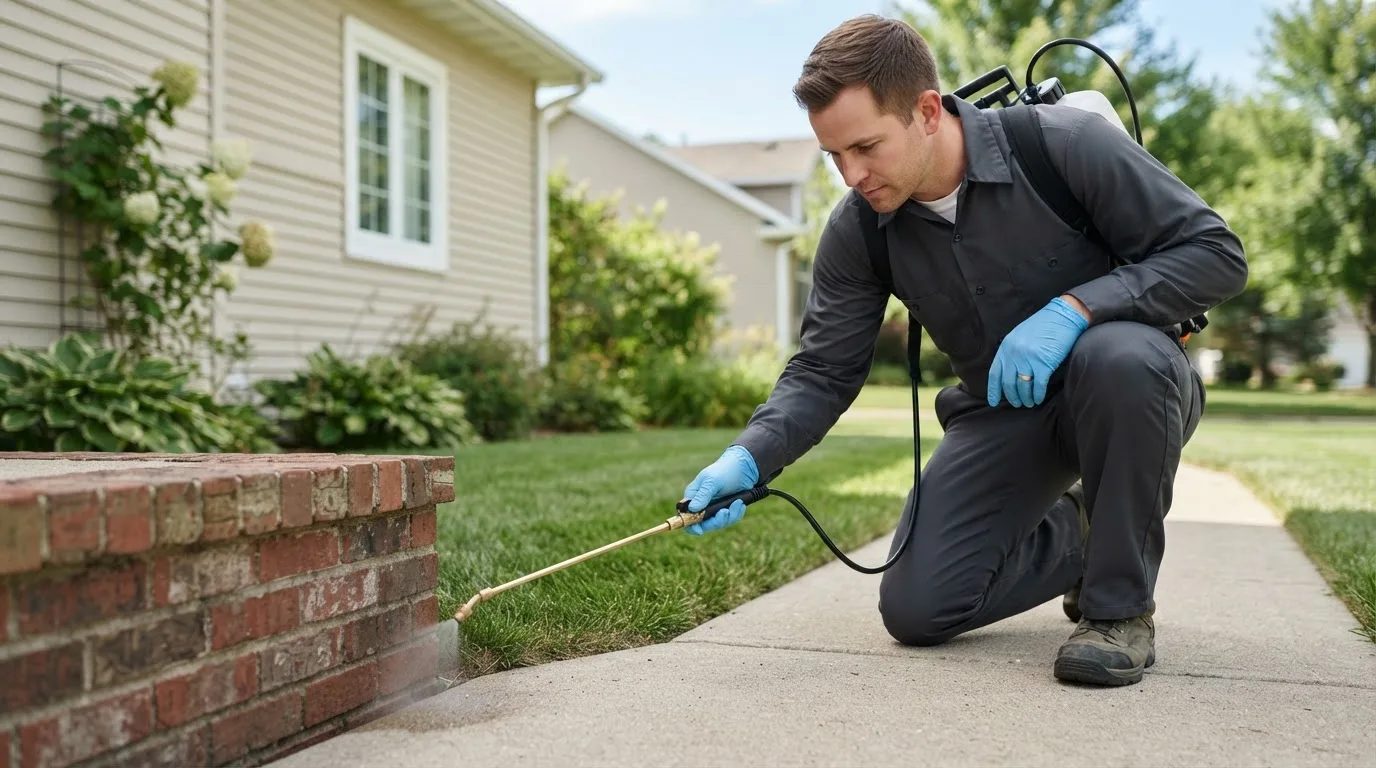 Pest control technician treating a home near Farnham, VA